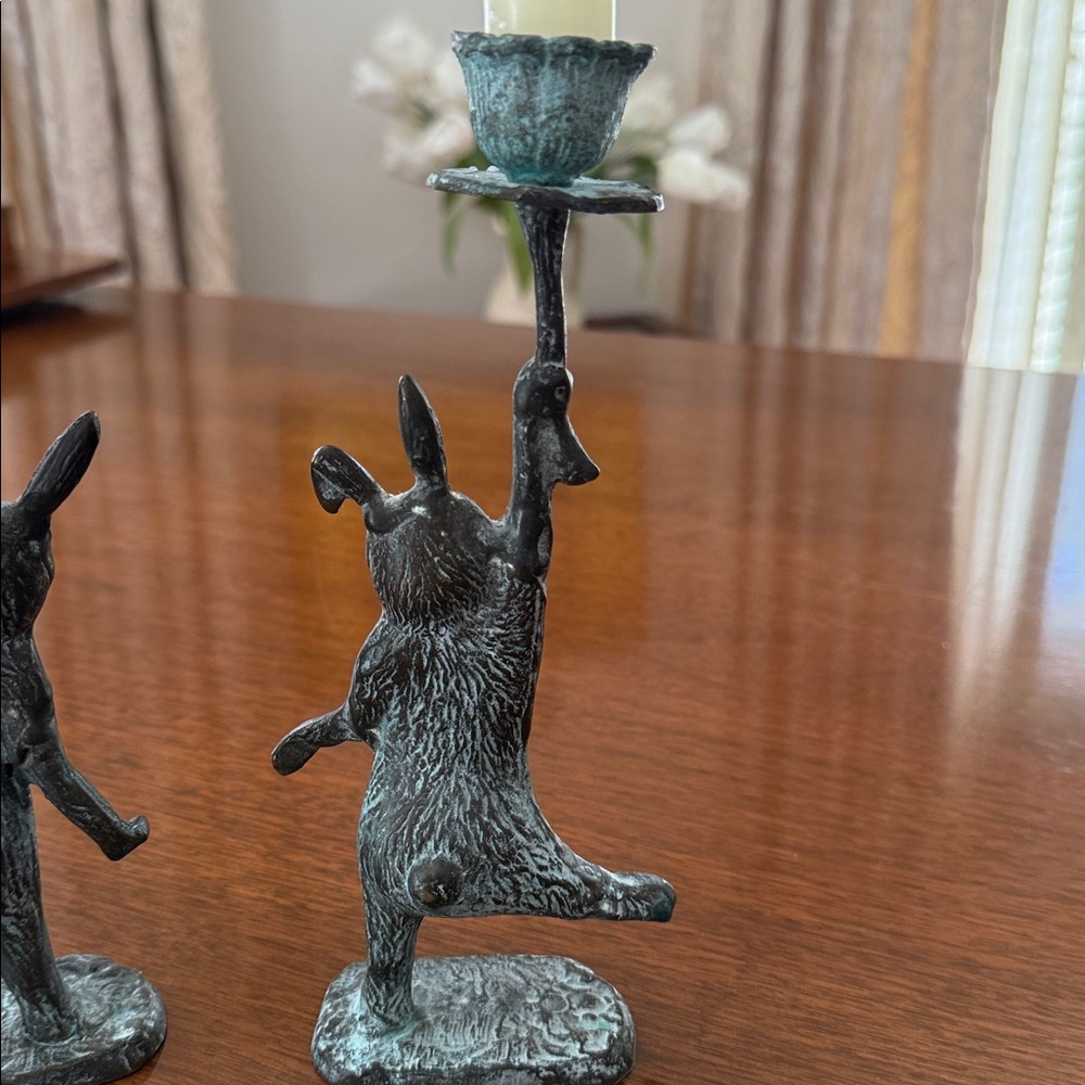 Verdigris Rabbit Candle Holders - Pair - Picture 5 of 10